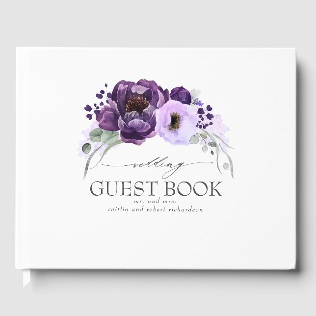 Livro De Visitas Casamento Branco Elegante Floral Roxo (Frente)