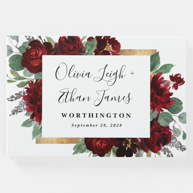 Livro De Visitas Casamento Branco Elegante Russo Floral Vermelho e  (Frente)