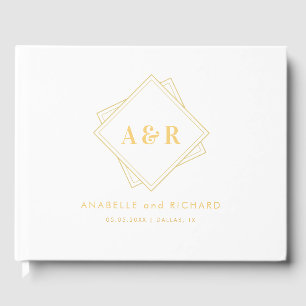 Livro De Visitas Casamento Branco Minimalista Dourado Monograma Geo