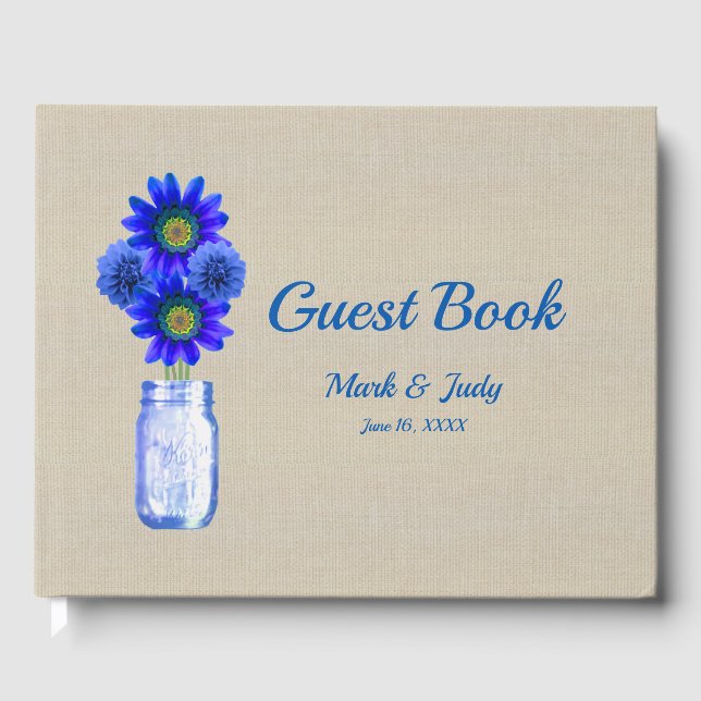 Livro De Visitas Casamento Burlap Rustic Blue Floral Mason Jar (Frente)