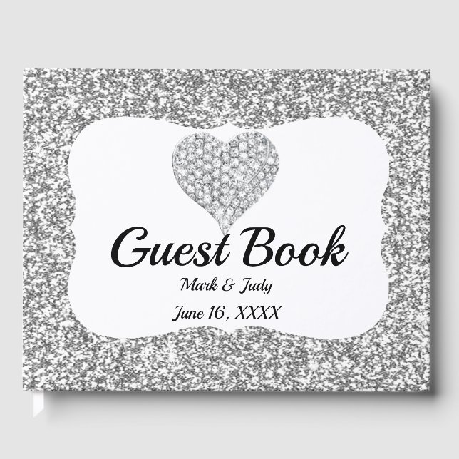 Livro De Visitas Casamento Cardíaco com Glitter Diamond Faux Silver (Frente)
