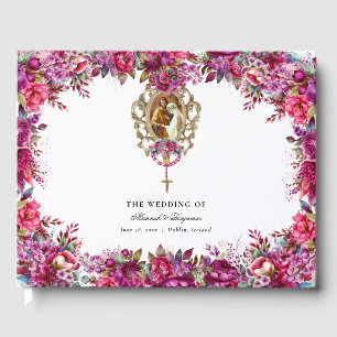 Livro De Visitas Casamento Católico da Primavera de Magenta Floral 