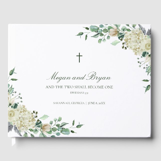Livro De Visitas Casamento Católico Megan White Floral & Greenery (Frente)