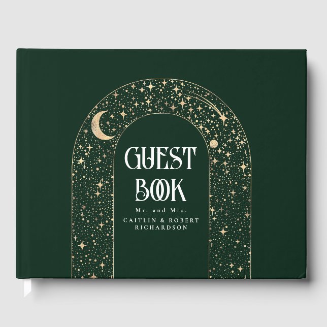 Livro De Visitas Casamento Celestial Emerald Green no Céu Noturno (Frente)