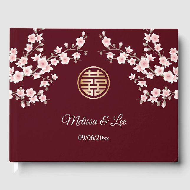Livro De Visitas Casamento Chinês de Maroon Rosa de Cereja (Frente)