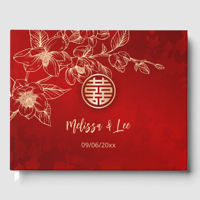 Livro De Visitas Casamento Chinês Dourado Vermelho Magnolia (Frente)