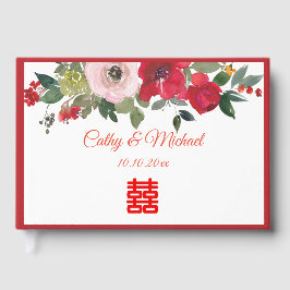 Livro De Visitas Casamento chinês moderno floral cor-de-rosa-vermel