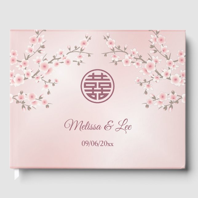Livro De Visitas Casamento Chinês Rosa-Rosa-Cerejeira (Frente)