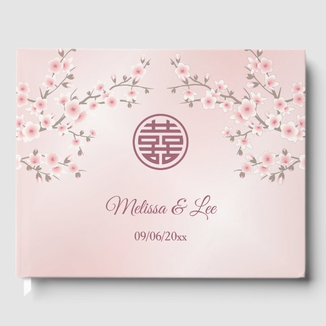 Livro De Visitas Casamento Chinês Rosa-Rosa-Cerejeira (Frente)