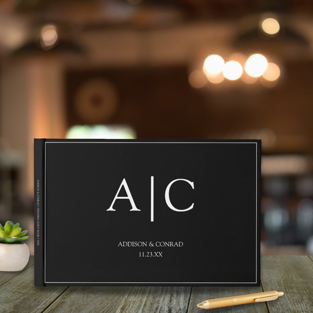 Livro De Visitas Casamento Clássico de Monograma Negro Elegante (Criador carregado)