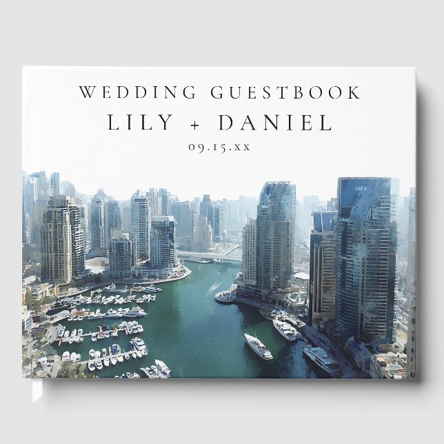 Livro De Visitas Casamento com a Paisagem de Dubai em Aquarela (Frente)