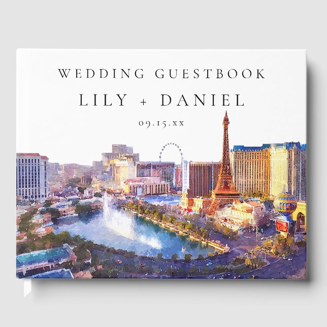 Livro De Visitas Casamento com a Paisagem de Las Vegas em Aquarela (Frente)