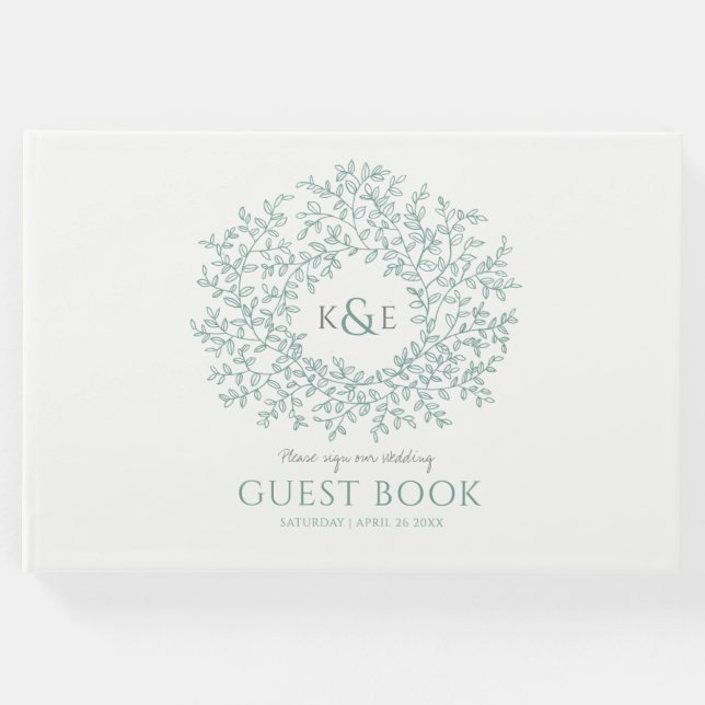 Livro De Visitas Casamento com cinza verde folha branca monograma (Frente)