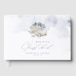 Livro De Visitas Casamento com coral de aquarela azul e conchas