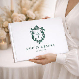 Livro De Visitas Casamento com Crista de Monograma Ornamentado em V