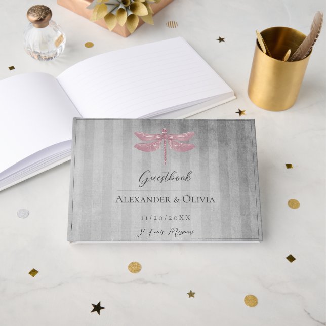 Livro De Visitas Casamento com Dragonfly Rosa (Frente aberta)