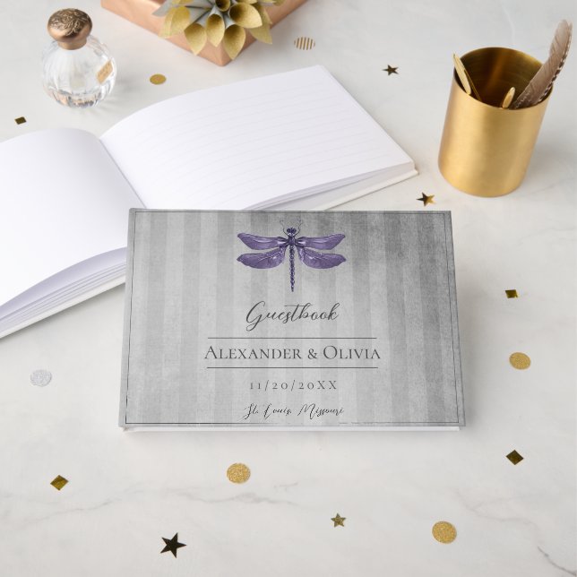 Livro De Visitas Casamento com Dragonfly Roxo (Frente aberta)