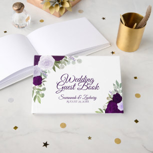 Livro De Visitas Casamento com Elegante Floral Elegante Púrpura Pl