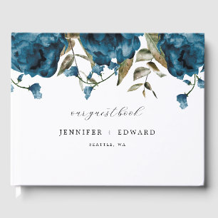 Livro De Visitas Casamento com Flor Azul-Marinho Elegante