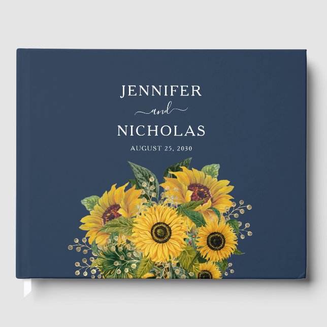 Livro De Visitas Casamento com flores solares azuis do Marinho Eleg (Frente)