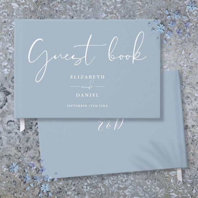 Livro De Visitas Casamento com Grafia Elegante em Azul Poeira (Dusty Blue Elegant Script Wedding Guest Book)