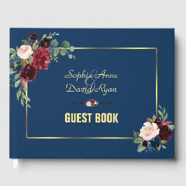 Livro De Visitas Casamento com Moldura Dourada Floral Azul Marinho 