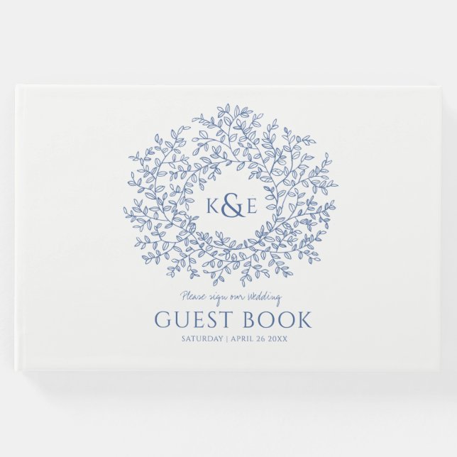 Livro De Visitas Casamento com monograma branco azul clássico (Frente)