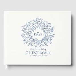 Livro De Visitas Casamento com monograma branco azul clássico