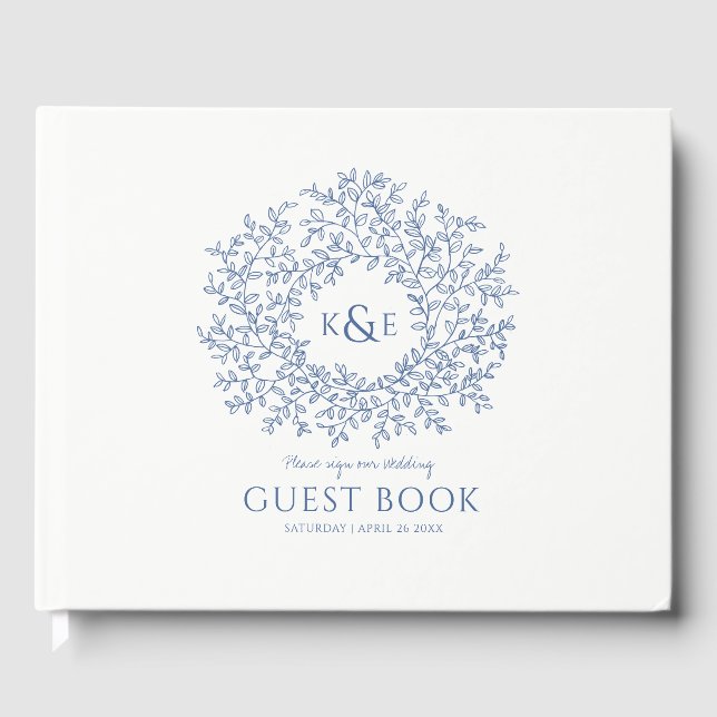Livro De Visitas Casamento com monograma branco azul clássico (Frente)