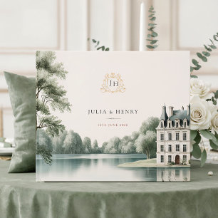 Livro De Visitas Casamento com Monograma de Elegante Castelo Francê