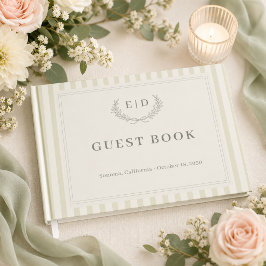 Livro De Visitas Casamento com Monograma Listrado em Verde Sage