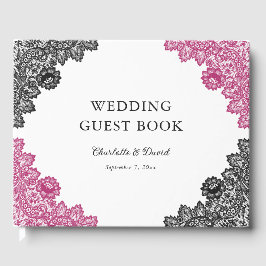 Livro De Visitas Casamento com rendas florais pretas e cor-de-rosa 