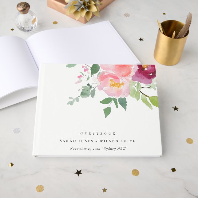 Livro De Visitas Casamento com Rosa de Aquarela Rosa Blush Burgundy (Frente aberta)