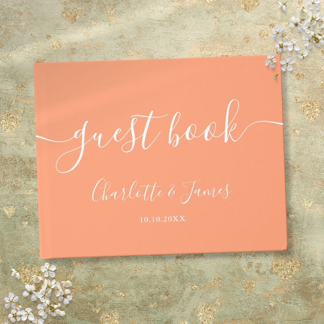 Livro De Visitas Casamento com Rótulo de Noiva Pêssego (Peach Signature Script Wedding Guest Book)