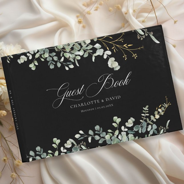 Livro De Visitas Casamento com Script de Manuscrito de Casamento Eu (Eucalyptus Wedding Handwriting Script Wedding Guest Book with your name and date.)