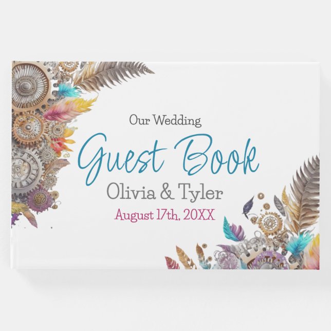 Livro De Visitas Casamento com Steampunk, Flores e Penas (Frente)