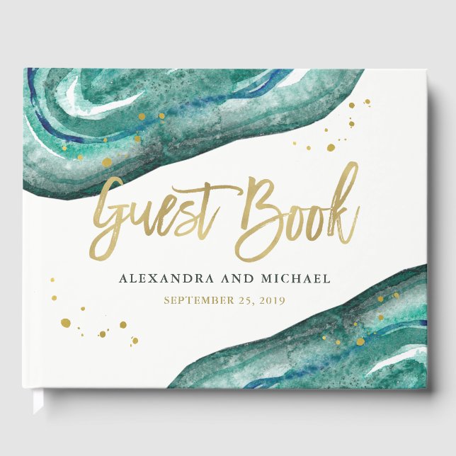 Livro De Visitas Casamento com Teal de Aquarela e Geodo Dourado (Frente)