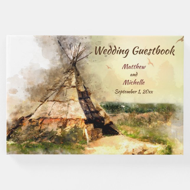 Livro De Visitas Casamento com Tipi de Aquarela Tribal Personalizad (Frente)