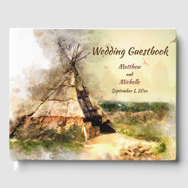 Livro De Visitas Casamento com Tipi de Aquarela Tribal Personalizad (Frente)