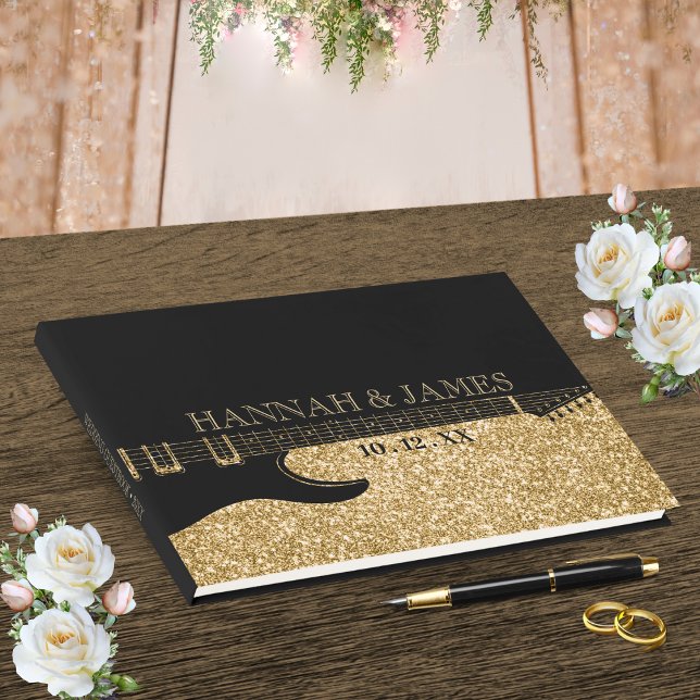 Livro De Visitas Casamento com Violão Negro e Dourado (Black & Gold Glitter Guitar Wedding Guest Book)