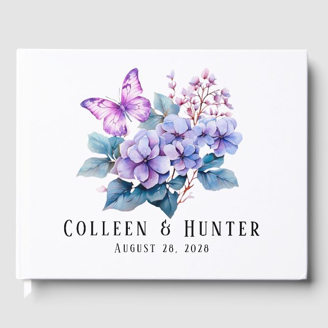 Livro De Visitas Casamento com Violet Hydrangea Floral Butterfly (Frente)