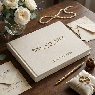 Livro De Visitas Casamento Coração Script Minimalista Creme Linho B