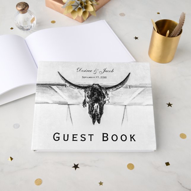 Livro De Visitas Casamento Crânio de Vaca Preto Branco Rústico Ocid (Frente aberta)