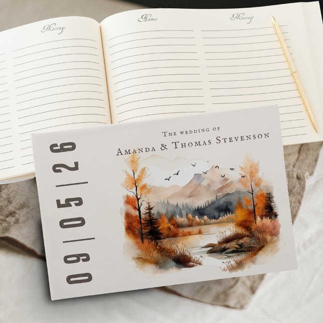 Livro De Visitas Casamento da paisagem russa do outono (Watercolor autumn wedding for a rustic charming celebration. Earthy montains and river illustration )