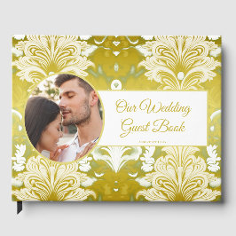 Livro De Visitas Casamento Damasco Dourado Verde