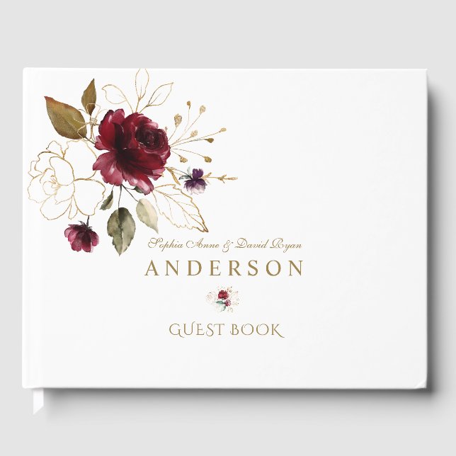 Livro De Visitas Casamento das Flores Douradas Elegantes Burgundy (Frente)