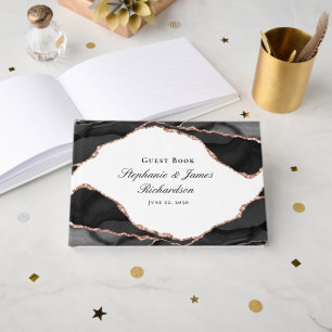 Livro De Visitas Casamento de Ágata com Folha de Ouro Rosa Preto Br