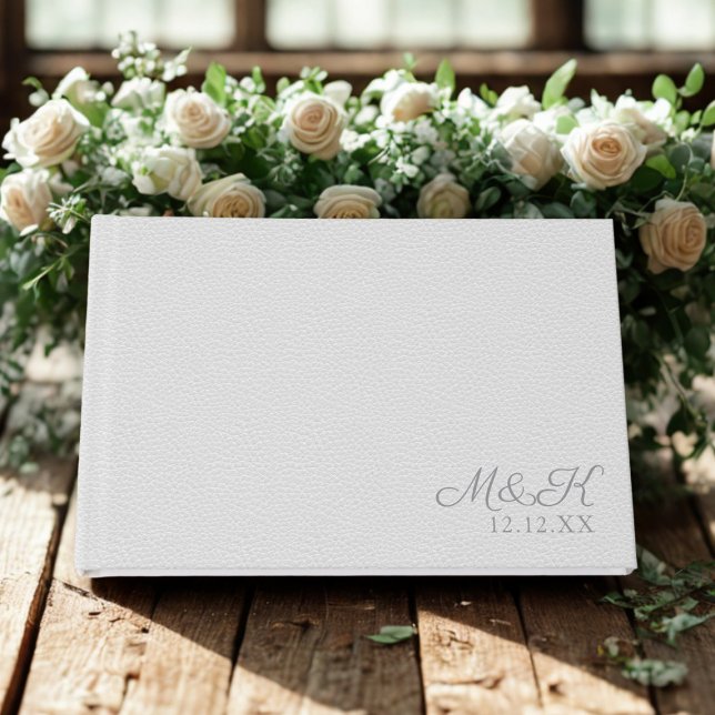 Livro De Visitas Casamento de aparência de couro de prata de prata  (An elegant soft gray faux leather look Wedding Guest Book with space for your initials and date)