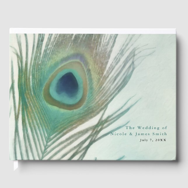 Livro De Visitas Casamento de Aquarela Boho Chic de Pena de Pavão (Frente)