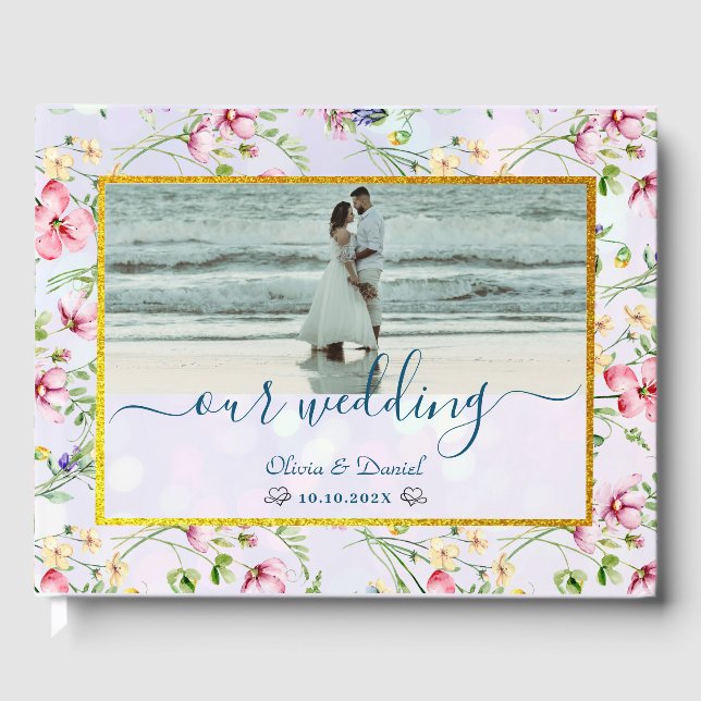 Livro De Visitas Casamento de Aquarela de Flores Rosa Escamosas Ele (Frente)